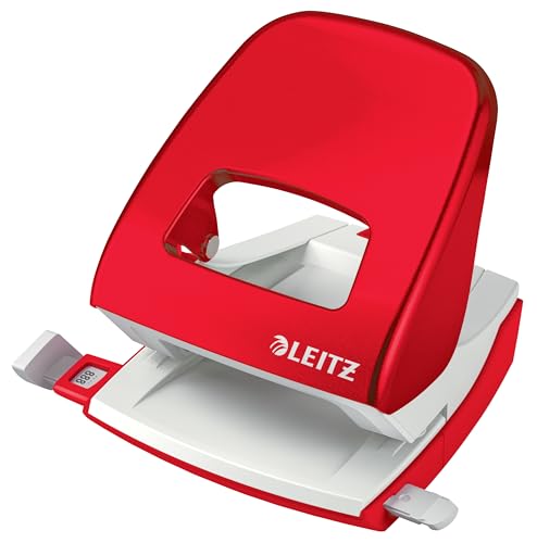 Leitz NeXXt WOW Locher, 30 Blatt Kapazität, Führungsschiene mit Formatmarkierungen, Metall, Locher in Metallic-Rot, 50081026 von Leitz