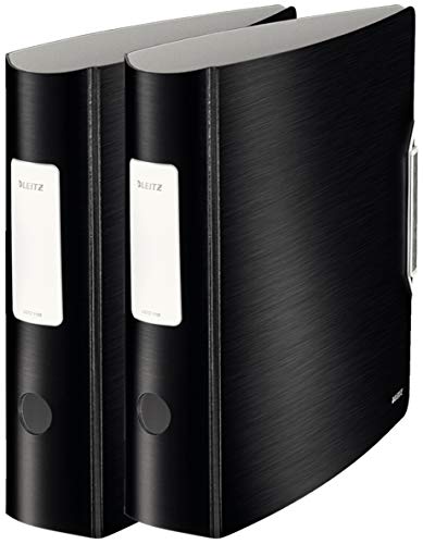 Leitz Qualitäts-Ordner 180° Active Style in gebürsteter Alu-Optik, A4, runder Rücken, 8,2 cm Breite, Gummibandverschluss (2er Pack, Satin-Schwarz) von Leitz