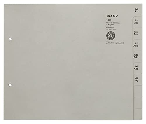 Leitz Register, Trennblätter mit Taben und alphabetischem Aufdruck A-Z für 150 Ordner, Halbe Höhe und Überbreite, Grau, 100% recyceltes Papier, Blauer Engel Siegel, 13530085 von Leitz