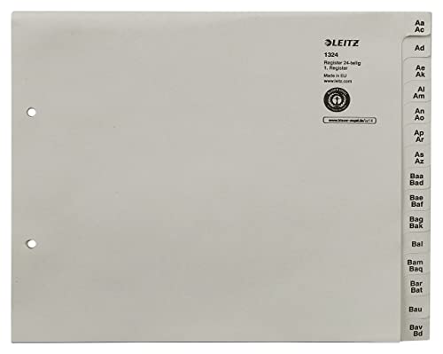 Leitz Register, Trennblätter mit Taben und alphabetischem Aufdruck A-Z für 24 Ordner, Halbe Höhe und Überbreite, Grau, 100% recyceltes Papier, Blauer Engel Siegel, 13240085 Leitz Register, Trennblätter mit Taben und alphabetischem Aufdruck A-Z für 24 Ordner, Halbe Höhe und Überbreite, Grau, 100% recyceltes Papier, Blauer Engel Siegel, 13240085 von Leitz