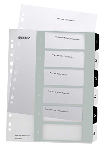 Leitz Register für A4+, PC-beschriftbares Deckblatt und 6 Trennblätter, Taben mit Zahlenaufdruck 1-6, Überbreite, Weiß/Schwarz, Polypropylen, WOW, 12140000 von Leitz