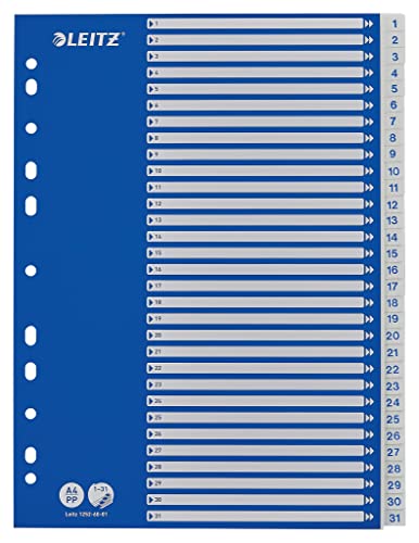 Leitz Register für A4, Deckblatt aus Karton und 31 Trennblätter aus Kunststoff, Taben mit Zahlenaufdruck 1-31,Blau/Weiß, 12526001 von Leitz