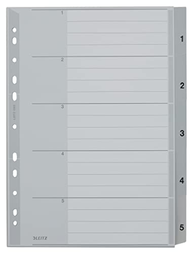Leitz Register für A4, Deckblatt aus Karton und 5 Trennblätter aus Kunststoff, Taben mit Zahlenaufdruck 1-5, Überbreite, Grau, 12830000 von Leitz