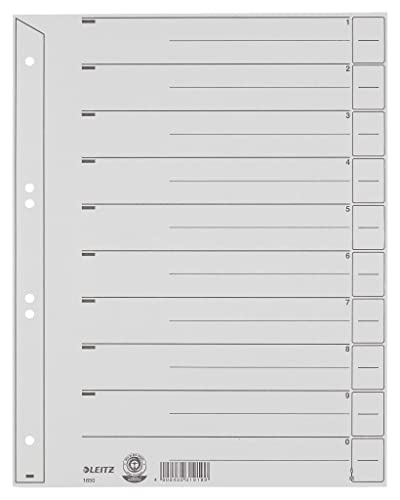 Leitz Register für A4, Deckblatt und 10 Trennblätter, Taben individuell zuschneidbar, 25 Stück, Überbreite, Grau, 100% Recyclingkarton, 16503085 von Leitz