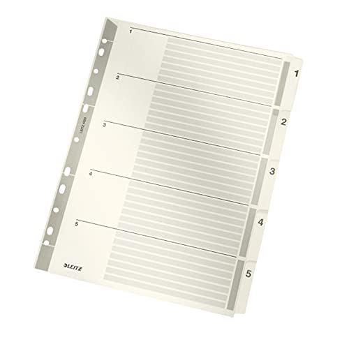 Leitz Register für A4, Deckblatt und 5 Trennblätter, Taben mit Zahlenaufdruck 1-5, Lochrand und bunte Taben folienverstärkt (Mylar), Grau, Karton, 43230000 von Leitz
