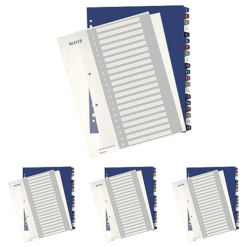 Leitz Register für A4, PC-beschriftbares Deckblatt und 20 Trennblätter, Taben mit Zahlenaufdruck 1-20, Überbreite, Weiß/Mehrfarbig, PP, Style, 12390000 (Packung mit 4) von Leitz