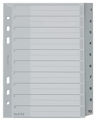 Leitz Register für A5, Deckblatt aus Karton und 10 Trennblätter aus Kunststoff, Taben mit Zahlenaufdruck 1-10, Grau, 12850000 von Leitz