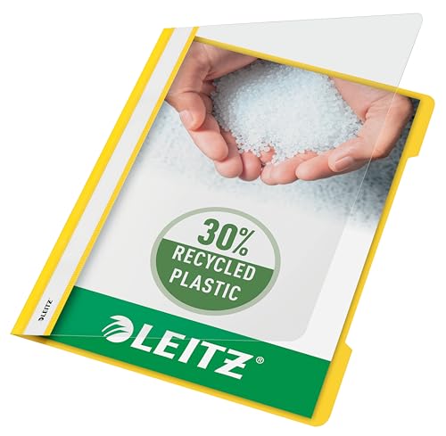 Leitz Schnellhefter A4, 25er Pack, Plastik-Hefter, Robuste PVC-Hartfolie, Transparenter Vorderdeckel, Für bis zu 250 Blatt, Gelb, 41910015 von Leitz