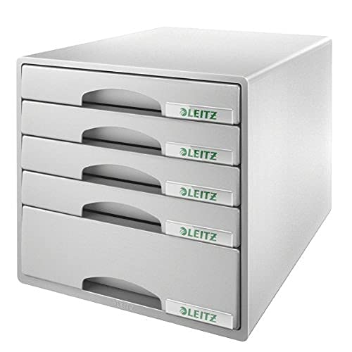 Leitz Schubladenbox mit 5 Schubladen, Für die Aufbewahrung von A4 Dokumenten und Utensilien, Grau, Plus Serie, 52110085 von Leitz