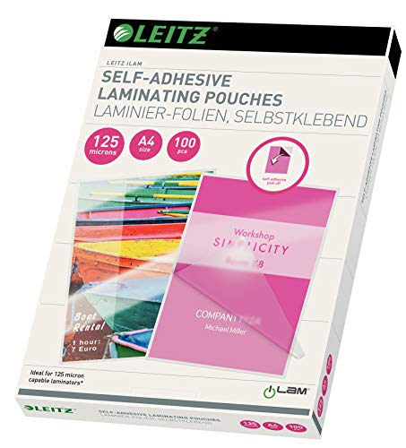 Leitz Selbstklebende Heißlaminierfolien A4 125 mic, für Schilder und Wegweiser, Hochwertige Laminierfolien im 100er Pack, Glänzend, Transparent, 16925 von Leitz