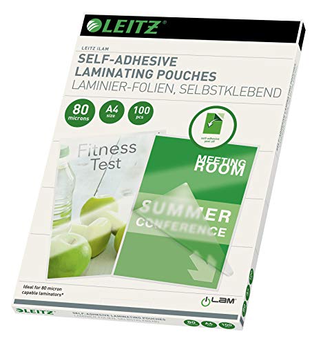 Leitz Selbstklebende Heißlaminierfolien A4 80 mic, für Schilder und Wegweiser, Hochwertige Laminierfolien im 100er Pack, Glänzend, Transparent, 33872 von Leitz