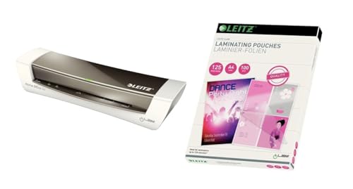 Leitz Set A4 Home Office Laminiergerät, Für 80 bis 125 mic Laminierfolien, Grau, 73680089 & Leitz Heißlaminierfolien A4 125 mic, Hochwertige Laminierfolien im 100er Pack, 33808 von Leitz