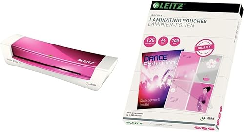 Leitz Set A4 Home Office Laminiergerät, Für 80 bis 125 mic Laminierfolien, Pink, 73680023 & Leitz Heißlaminierfolien A4 125 mic, Hochwertige Laminierfolien im 100er Pack, 33808 von Leitz