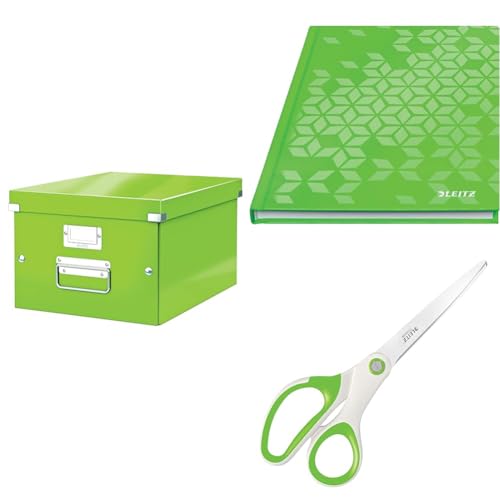 Leitz Set Click & Store Aufbewahrungsbox A4 mit Deckel Mittelgroß + Notizbuch A5 kariert + Titan Qualitätsschere, Transportbox aus 85% recycelter Premiumpappe, Grün, 60440054 + 46281054 + 53192054 von Leitz