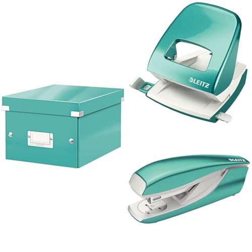 Leitz Set Click & Store Aufbewahrungsbox mit Deckel Klein mit Locher und Heftgerät für 30 Blatt, Box für Unterlagen bis A5 im Büro u. Haushalt, WOW Serie, Eisblau, 60430051 + 50081051 + 55021051 von Leitz