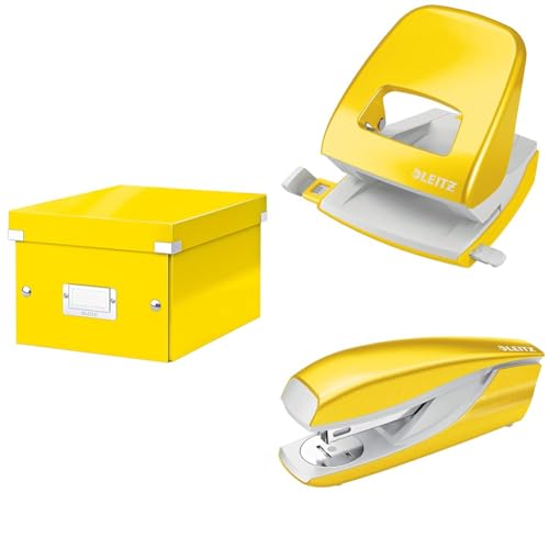 Leitz Set Click & Store Aufbewahrungsbox mit Deckel Klein mit Locher und Heftgerät für 30 Blatt, Box für Unterlagen bis A5 im Büro u. Haushalt, WOW Serie, Gelb, 60430016 + 50081016 + 55021016 von Leitz