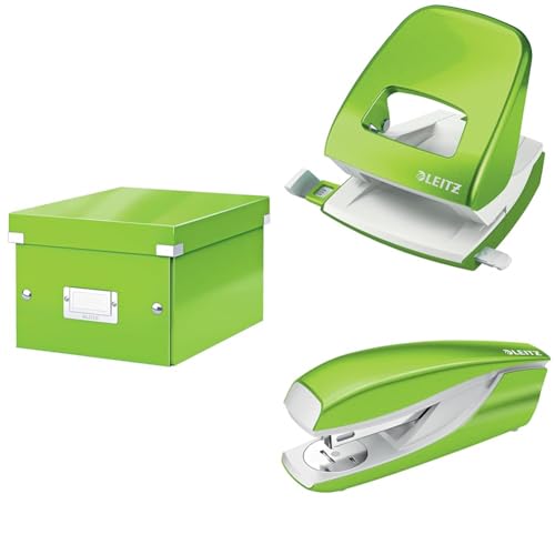 Leitz Set Click & Store Aufbewahrungsbox mit Deckel Klein mit Locher und Heftgerät für 30 Blatt, Box für Unterlagen bis A5 im Büro u. Haushalt, WOW Serie, Grün, 60430054 + 50081054 + 55021054 von Leitz