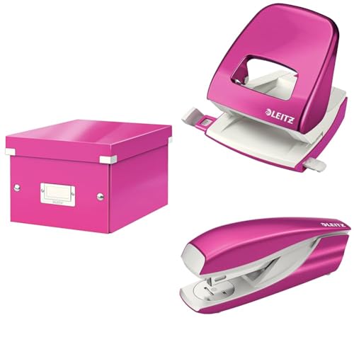 Leitz Set Click & Store Aufbewahrungsbox mit Deckel Klein mit Locher und Heftgerät für 30 Blatt, Box für Unterlagen bis A5 im Büro u. Haushalt, WOW Serie, Pink, 60430023 + 50081023 + 55021023 von Leitz