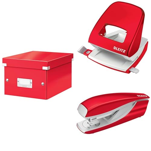 Leitz Set Click & Store Aufbewahrungsbox mit Deckel Klein mit Locher und Heftgerät für 30 Blatt, Box für Unterlagen bis A5 im Büro u. Haushalt, WOW Serie, Rot, 60430026 + 50081026 + 55021026 von Leitz