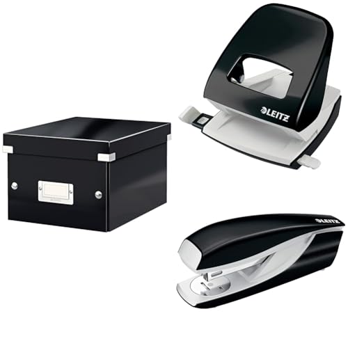 Leitz Set Click & Store Aufbewahrungsbox mit Deckel Klein mit Locher und Heftgerät für 30 Blatt, Box für Unterlagen bis A5 im Büro u. Haushalt, WOW Serie, Schwarz, 60430095 + 50081095 + 55021095 von Leitz