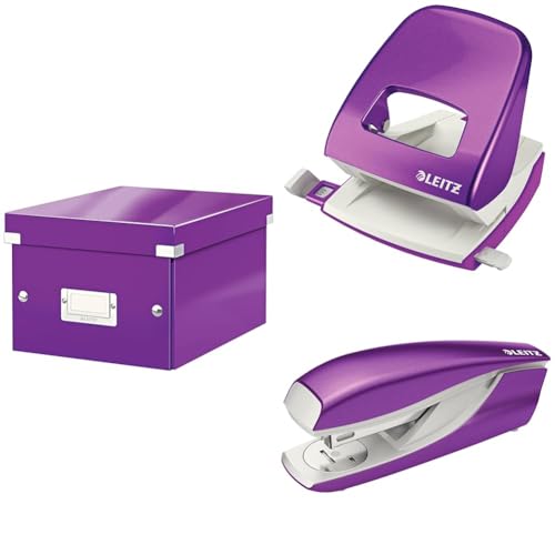 Leitz Set Click & Store Aufbewahrungsbox mit Deckel Klein mit Locher und Heftgerät für 30 Blatt, Box für Unterlagen bis A5 im Büro u. Haushalt, WOW Serie, Violett, 60430062 + 50081062 + 55021062 von Leitz