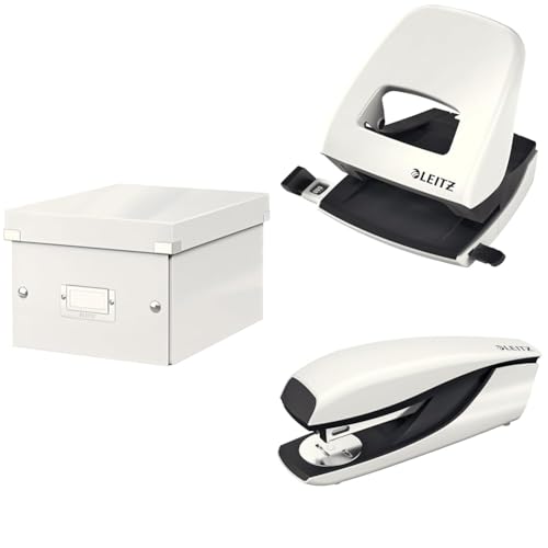 Leitz Set Click & Store Aufbewahrungsbox mit Deckel Klein mit Locher und Heftgerät für 30 Blatt, Box für Unterlagen bis A5 im Büro u. Haushalt, WOW Serie, Weiß, 60430001 + 50081001 + 55021001 von Leitz