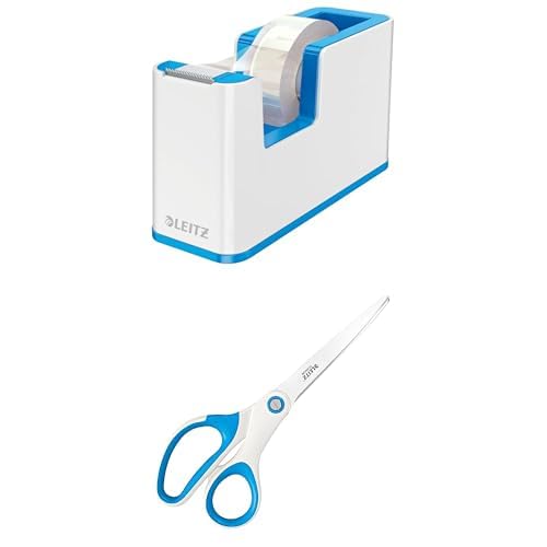 Leitz Set Klebeband-Tischabroller + Titan Qualitätsschere, Klebebandabroller mit festem Stand inkl. Klebeband, Schere für Rechts- oder Linkshänder (beidhändig), Weiß/Blau, WOW, 53641036 + 53192036 von Leitz