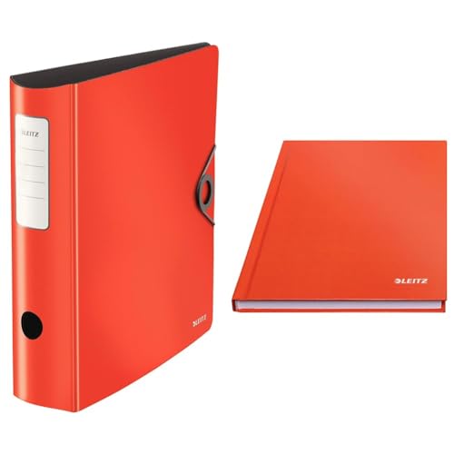 Leitz Set Qualitäts-Ordner 180° Active Solid A4 + A5 Notizbuch kariert, Ordner mit abgerundetem Rücken 8,2 cm breit, Gummibandverschluss, Notizbuch mit 160 Seiten, 80 Blatt, Rot, 10471020 + 46660020 von Leitz