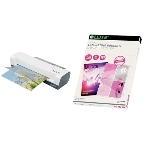 Leitz Set iLAM Home A4 Laminiergerät, Für 75 bis 125 mic Laminierfolien, 3 Minuten Aufwärmzeit, Inkl. Starterkit mit Folien, 74310001 + Leitz Heißlaminierfolien A4 125 mic, 100er Pack, 33808 von Leitz