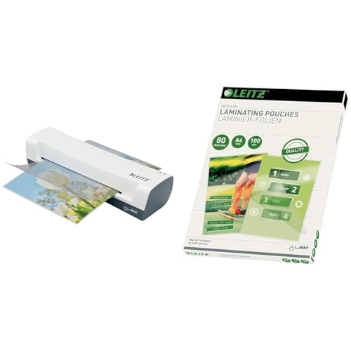 Leitz Set iLAM Home A4 Laminiergerät, Für 75 bis 125 mic Laminierfolien, 3 Minuten Aufwärmzeit, Inkl. Starterkit mit Folien, 74310001 + Leitz Heißlaminierfolien A4 80 mic, 100er Pack, 33818 von Leitz