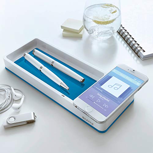 Leitz Stifteschale mit Qi-Induktionsladegerät, Zum kabellosen Laden von Smartphone, Weiß/Blau, Duo Colour, WOW, 53651036 von Leitz