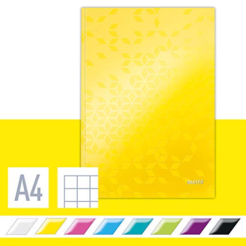 Leitz WOW Notizbuch in A4 Format mit 80 Blatt, Kariert, Elfenbeinfarbiges Papier (90 g/m2), Fester Einband, Gelb, WOW, 46261016 von Leitz