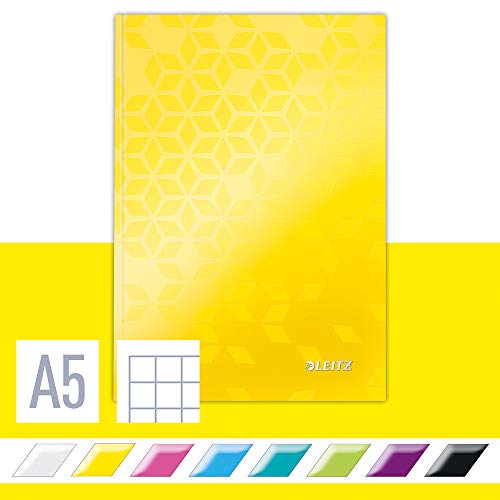 Leitz WOW Notizbuch in A5 Format mit 80 Blatt, Kariert, Elfenbeinfarbiges Papier (90 g/m2), Fester Einband, Gelb, WOW, 46281016 von Leitz