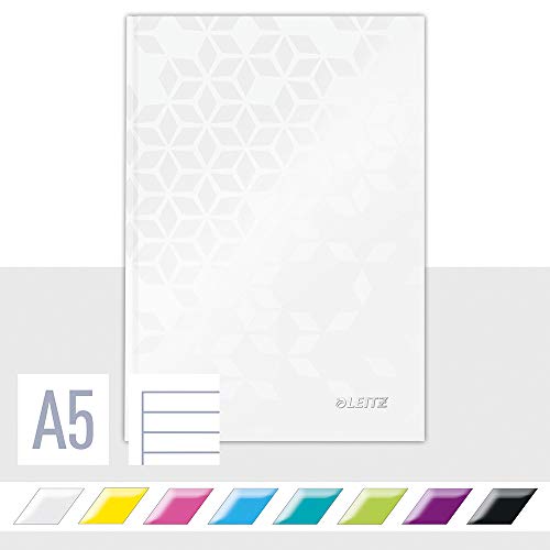 Leitz WOW Notizbuch in A5 Format mit 80 Blatt, Liniert, Elfenbeinfarbiges Papier (90 g/m2), Fester Einband, Perlweiß, 46271001 von Leitz