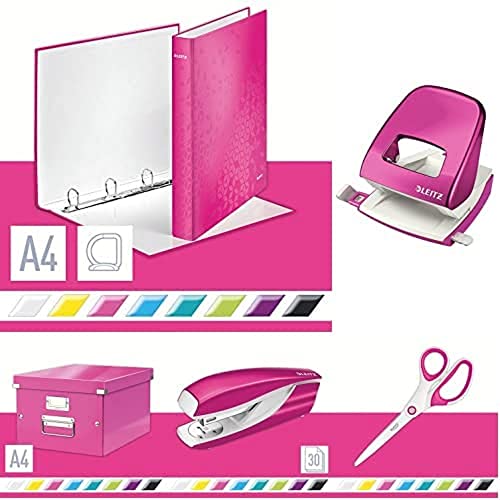 Leitz WOW Ringmappe mit 4 Ringen, Büro Locher aus Metall, Für 30 Blatt, Qualitäts-Schere, Heftgerät metallic pink von Leitz