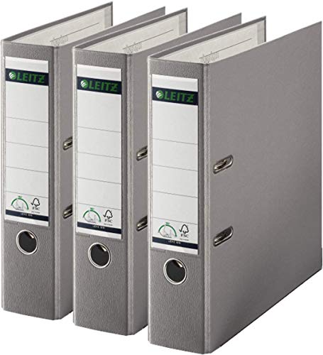 Leitz 1010 Qualitäts-Ordner Kunststoff breit mit patentierter 180º Präzisionsmechanik (3er Pack, 8 cm breit, grau) von Leitz
