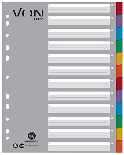 VON Leitz 10er Pack 12-teiliges Register A4, Blanko Trennblätter für Ordner, Extra breit, 100 % Recycling-Karton, 11-Loch-Universalregister, Mehrfarbig, 13010000 von Leitz