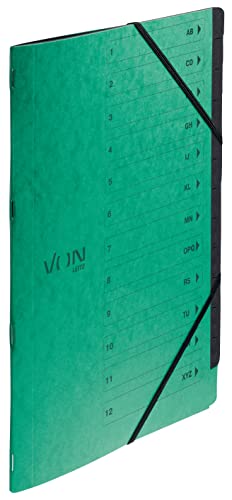 VON Leitz 5er Pack Ordnungsmappe A4 mit 12 Fächern, Karton, Projektmappe, Mit Registern und Gummibandverschluss, Für Schule, Studium & Zuhause, Grün, 30150055 von Leitz