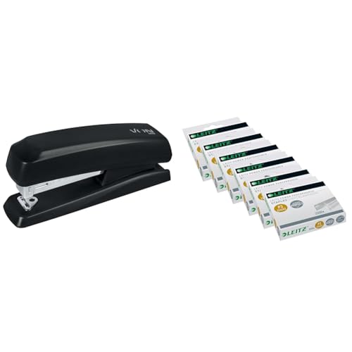 VON Leitz Set 6 x Heftgerät für 20 Blatt + Power Performance Heftklammern P3 (24/6), 6 x 2000 Stück, Tacker mit kompakter Größe ideal für zu Hause, Büro oder Schule, Schwarz, 56200035 + 55701000 von Leitz