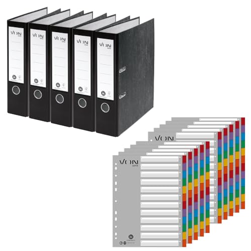 VON Leitz Set Ordner mit Register, 5er Pack Ordner A4, 100% Recycling-Karton, Für 600 Blatt, 80 mm Rückenbreite, Schwarz, 10531095 & 10er Pack 12-teiliges Register, 100% Recycling-Karton, 13010000 von Leitz