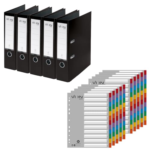 VON Leitz Set Ordner mit Register, 5er Pack Ordner A4, Karton mit Kunststoffeinband, Für 600 Blatt, 80 mm Rückenbreite, Schwarz, 10551095 & 10er Pack 12-teiliges Register A4, 13010000 von Leitz