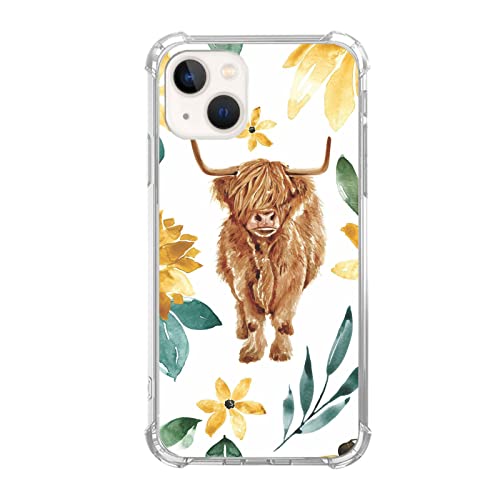 Lemifelgby Floral Highland Cow Hülle Kompatibel mit iPhone 14, Niedliche schottische Rinder Handyhülle für iPhone 14, Coole TPU Schutzhülle Handyhülle Cover von Lemifelgby