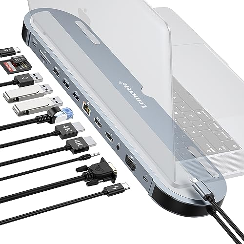 USB C Docking Station Triple Display mit Laptop-Ständerfunktion,Lemorele 12 in 1 USB C Hub Adapter mit 2 * 4K HDMI,VGA,Gigabit Ethernet,3*USB A,100W PD, USB C Data, SD/TF, 3.5mm Audio/Micro für Dell von Lemorele