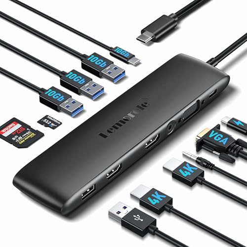 USB C Docking Station mit 10Gbps USB C/A Datenanschluss,Lemorele 12-in-1 Adapter mit Dual 4K HDMI, VGA, 4 USB A 3.1/2.0, USB C 3.1 Hub,100W PD,SD/TF,Audio, für Windows, MacBook, Dell usw von Lemorele