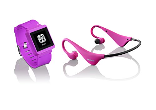 LENCO MP3 Sportwatch-100 mit BH-100 Bluetooth Kopfhörer (MP3, Micro-USB, Touchscreen, Schrittzähler, spritzwassergeschützt nach Norm IPX-4, Silikon-Uhrarmband) pink von Lenco