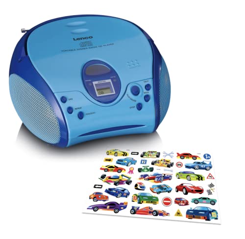 Lenco A004467 SCD-24 Kids - CD-Player für Kinder - CD-Radio - mit Aufklebern - Boombox - UKW Radiotuner - Titel Speicher - 2 x 1,5 W RMS-Leistung - Netz- und Batteriebetrieb - Blau von Lenco