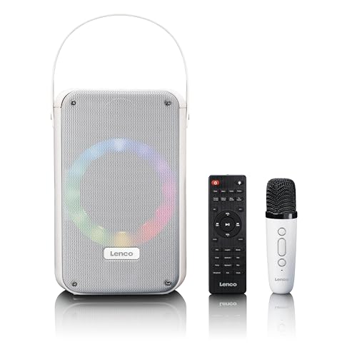 Lenco BTC-060 tragbare Karaoke-Maschine - Bluetooth 5.2-20 Watt RMS - 2 Lautsprecher - Mikrofon - Fernbedienung - integrierter Akku - Lichteffekte - weiß von Lenco