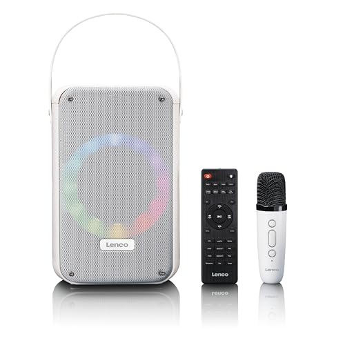 Lenco BTC-060 tragbare Karaoke-Maschine - Bluetooth 5.2-20 Watt RMS - 2 Lautsprecher - Mikrofon - Fernbedienung - integrierter Akku - Lichteffekte - weiß von Lenco