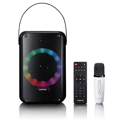 Lenco BTC-060BK - Karaoke-Set mit Bluetooth®, wiederaufladbarem Akku, drahtlosem Karaoke-Mikrofon und Disco-LED-Beleuchtung - Schwarz von Lenco