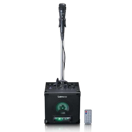 Lenco BTC-070 Karaoke Anlage - Bluetooth Lautsprecher mit Mikrofon - Musikbox - Lichteffekte - 10 Stunden Akkulaufzeit - USB - Micro SD - AUX IN - Schwarz von Lenco